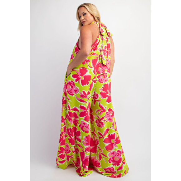 The Curve Plus 2X Lime Green Pink Floral Halter Jumpsuit - Picture 2 of 4